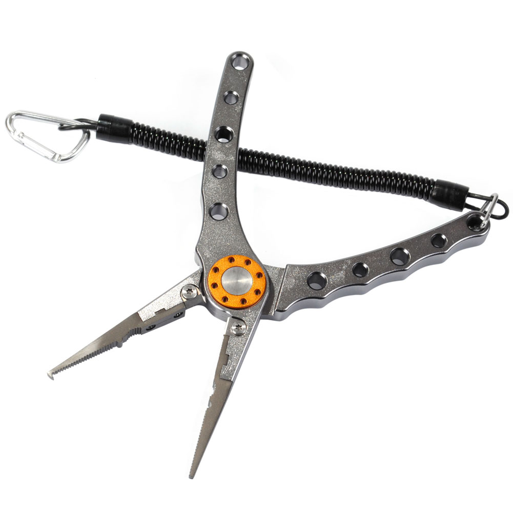 Fishing Pliers Saltwater Aluminum Long Jaws Large Sheath Lanyard Braid Line Cutter Gray