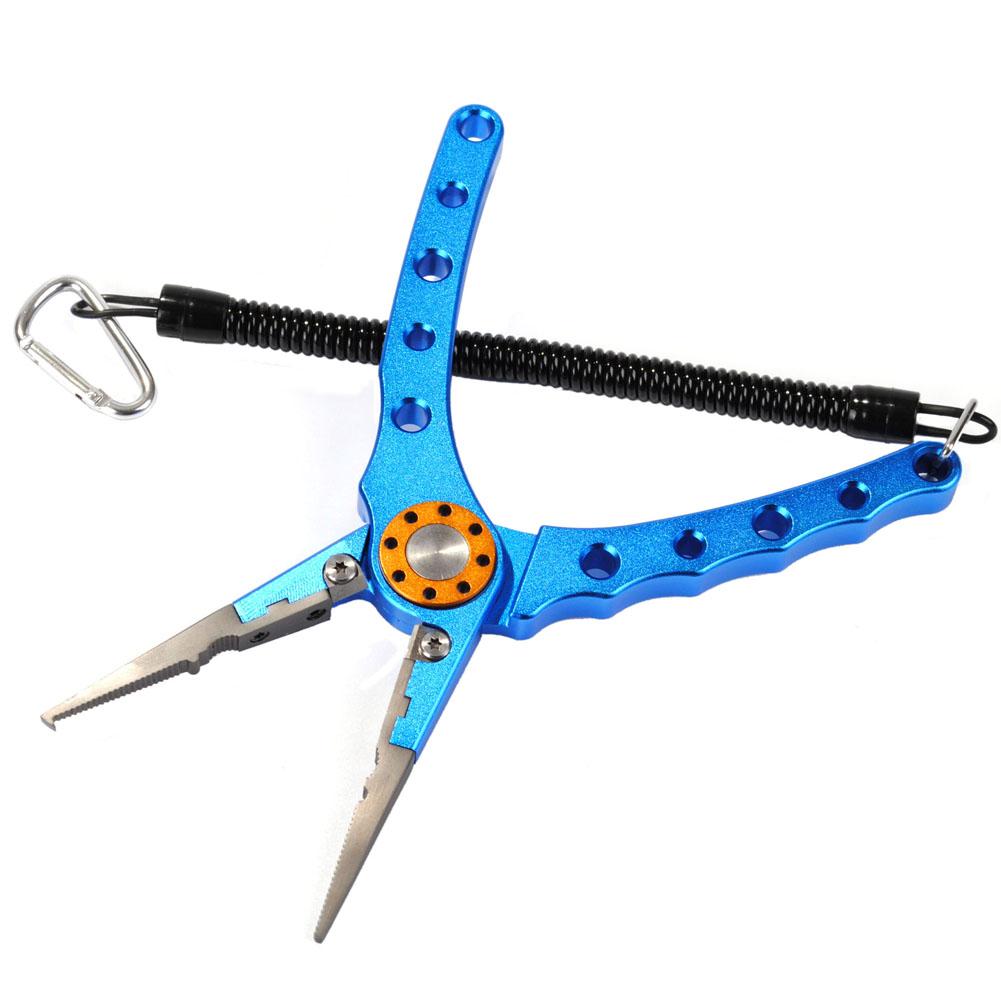 Saltwater Fishing Aluminum Pliers Stainless Steel Sheath Lanyard Hook Remover Blue