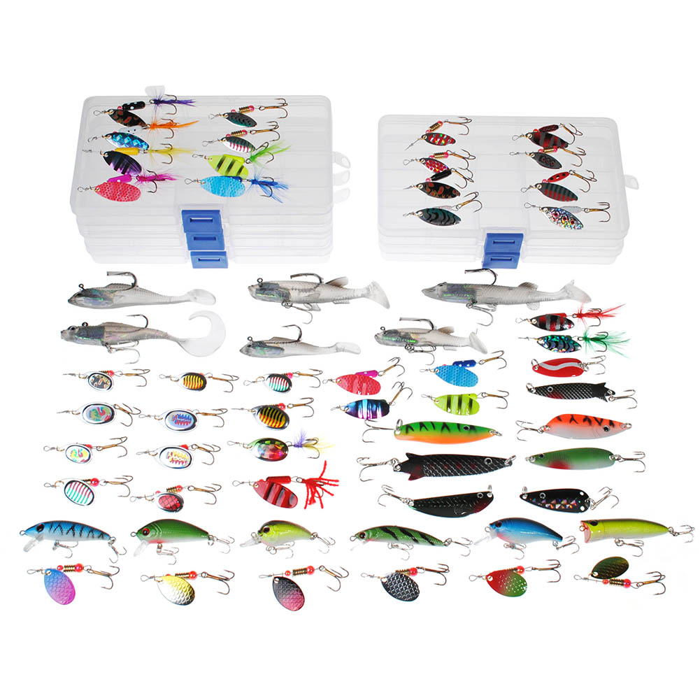 Assortment 5 Fishing Tackle Boxes Loaded 60 Fishing Lure Spinners Spoons Crankbaits Swimbaits