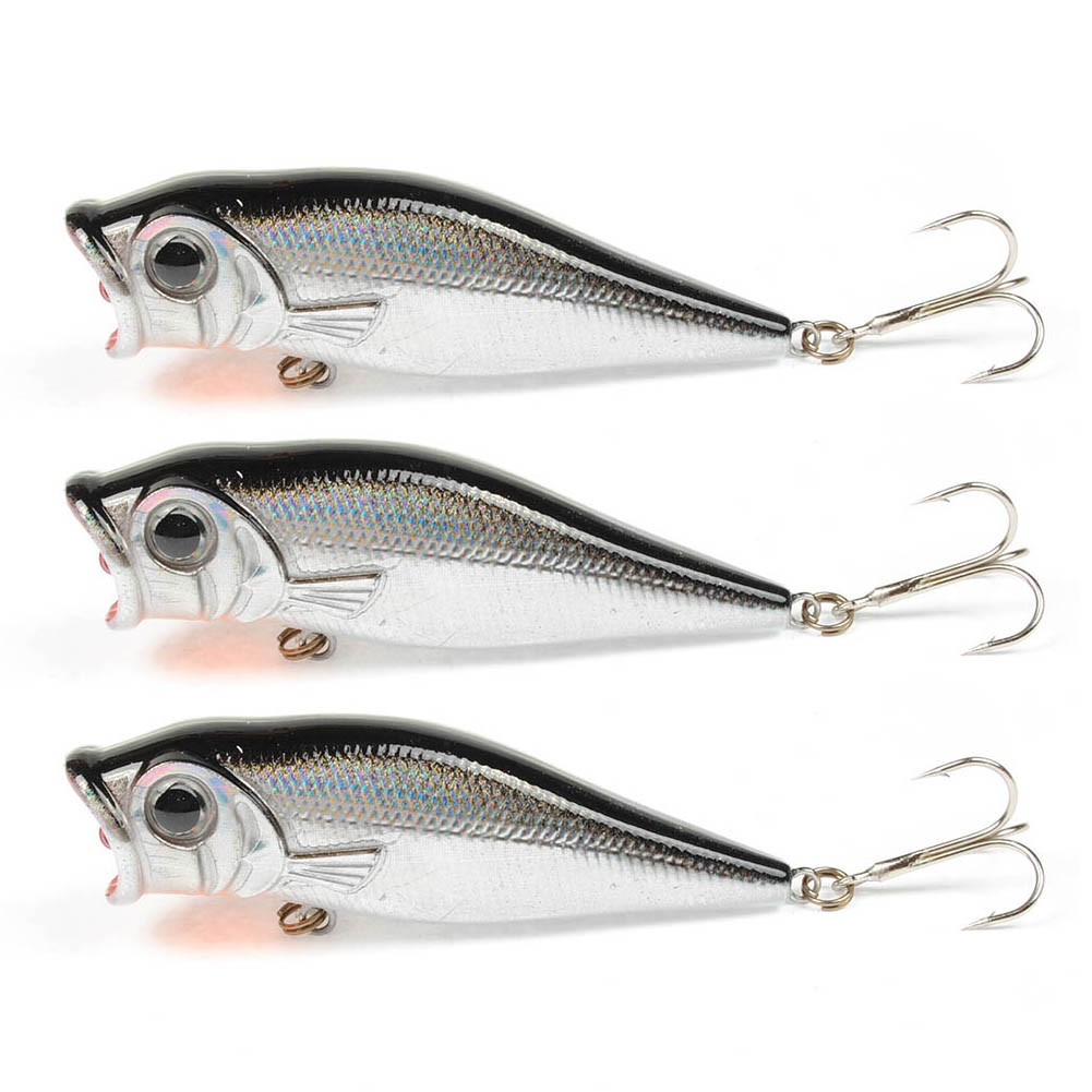 Yoshikawa Bass Fishing Popper Lure Topwater Floating Bait Walk The Dog 70mm 9g Black Silver (Pack of 3)