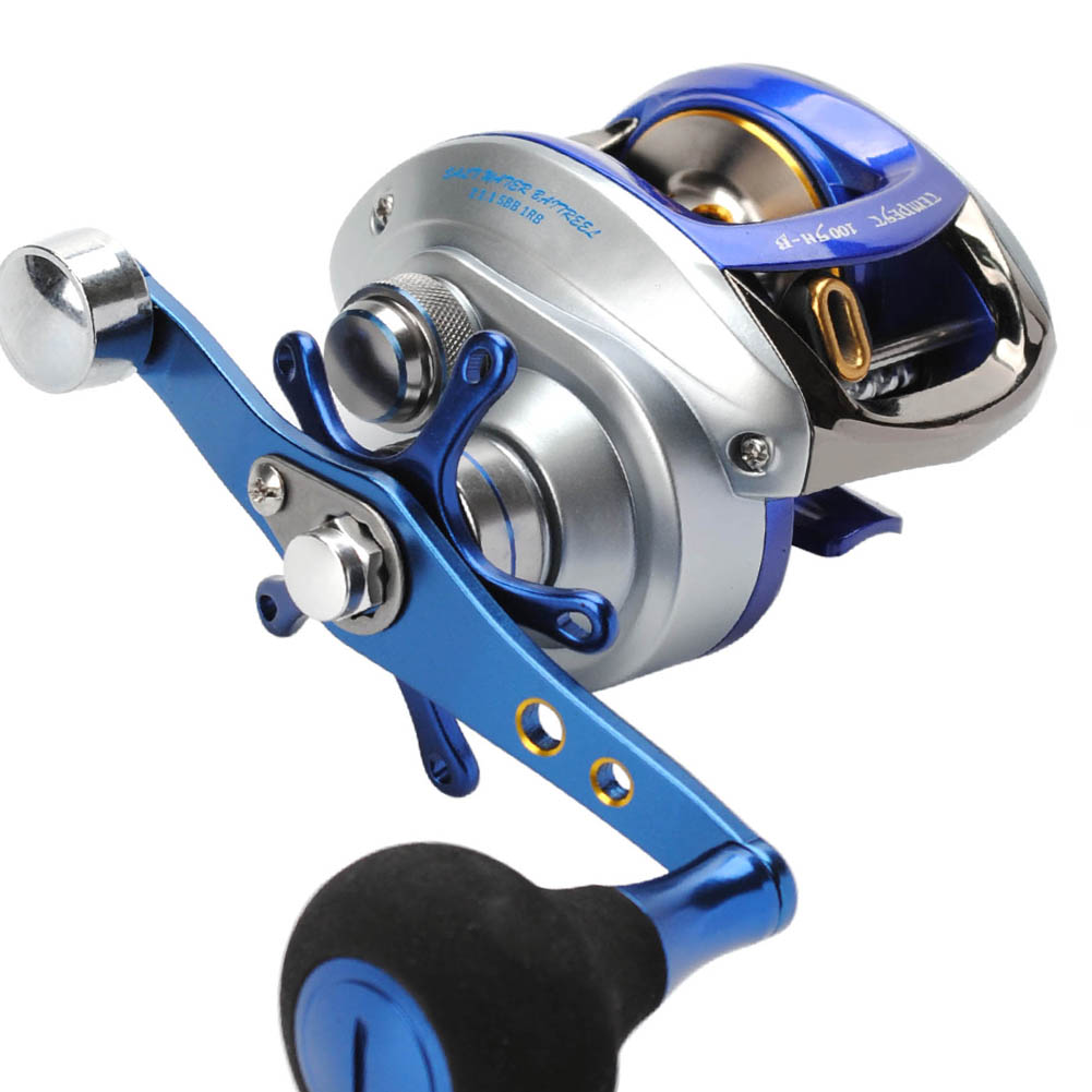 Baitcasting Reel Left Hand Saltwater High Speed 7.1:1 13Lb Power 12LB/110Yd Surf Fihsing Single Knob Power Handle Centrifugal Brake Blue Silver